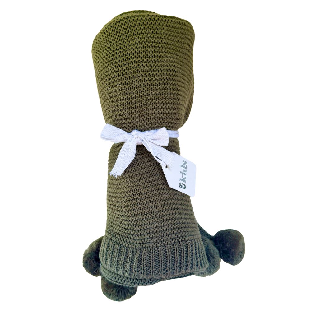Knitted Pom Pom Baby Blanket - Olive 70x100cm