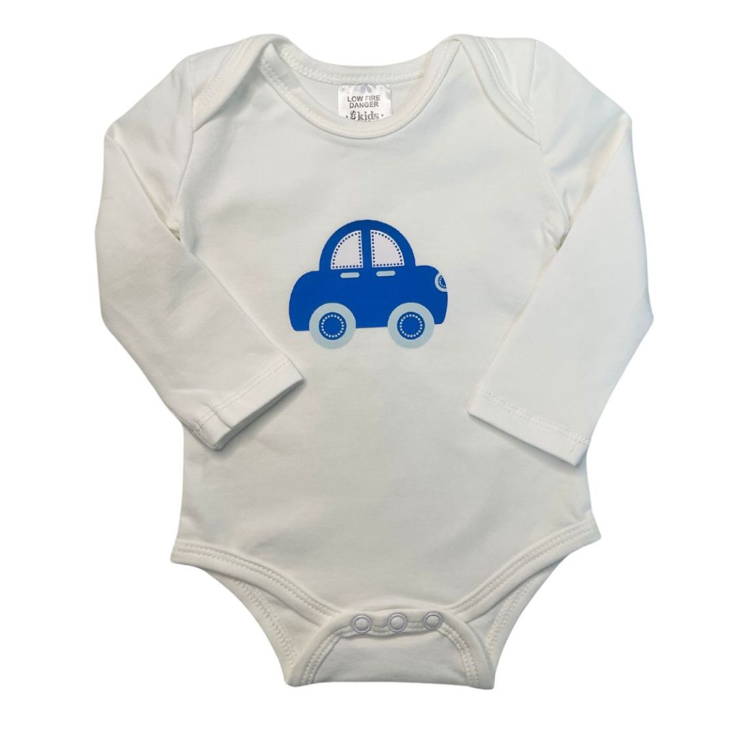 Romper L/S White Blue Car - 100% Cotton 00