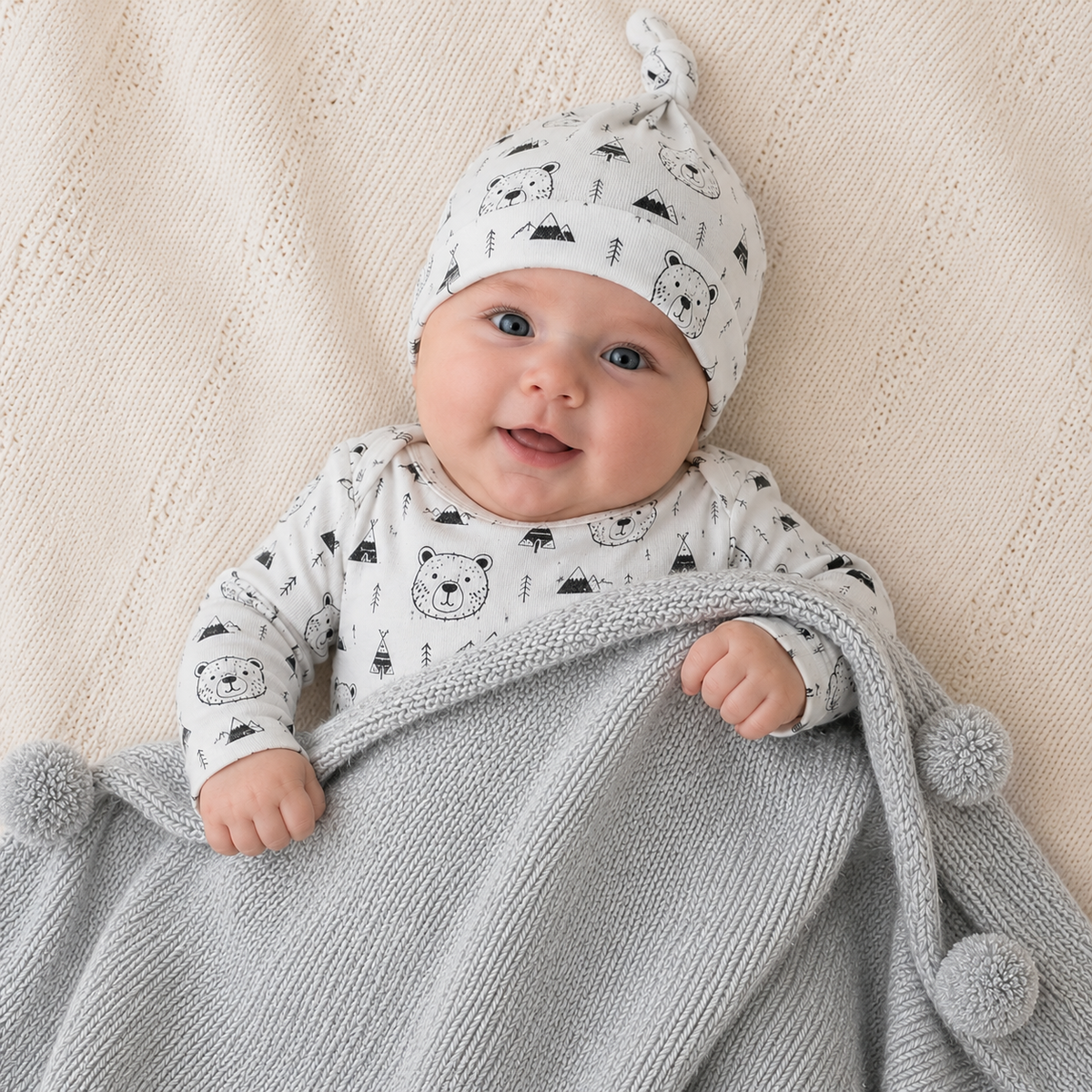 Hat - White with Bear Allover - 95% Cotton 5% Spandex