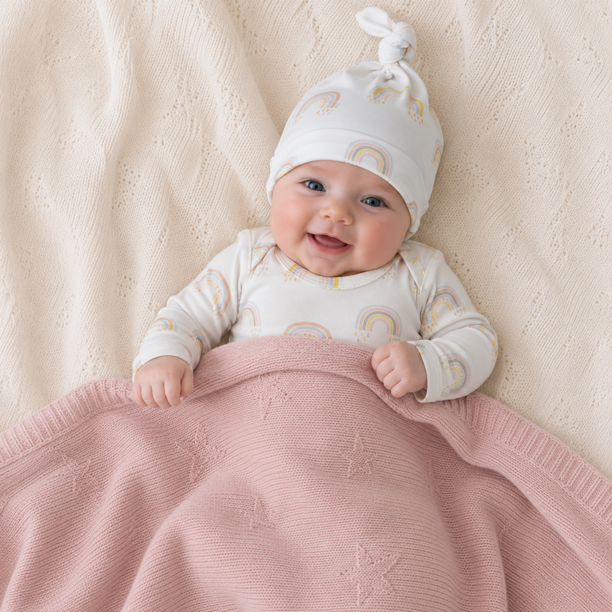 Hat - White with Rainbow Allover - 95% Cotton 5% Spandex
