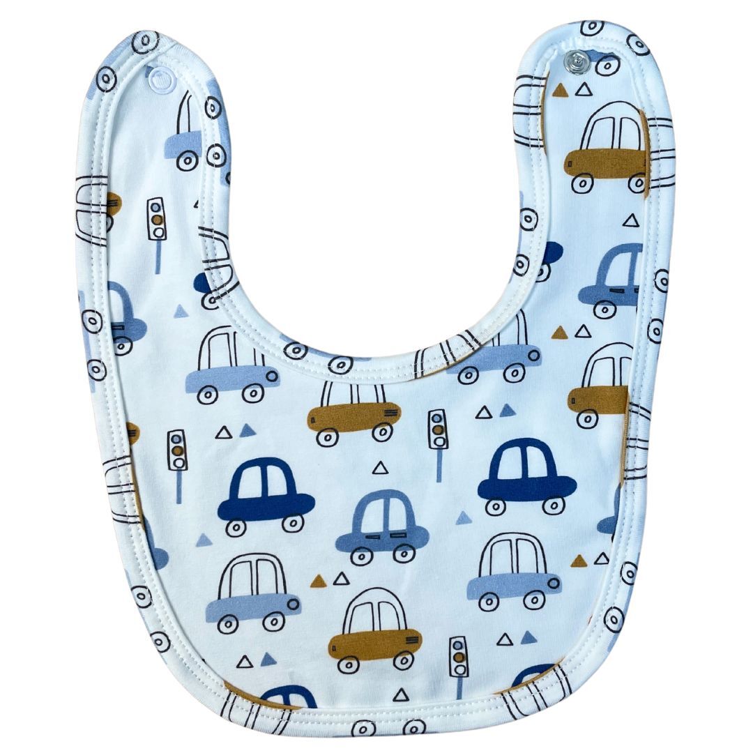 Bib - White with Car Allover - 95% Cotton 5% Spandex