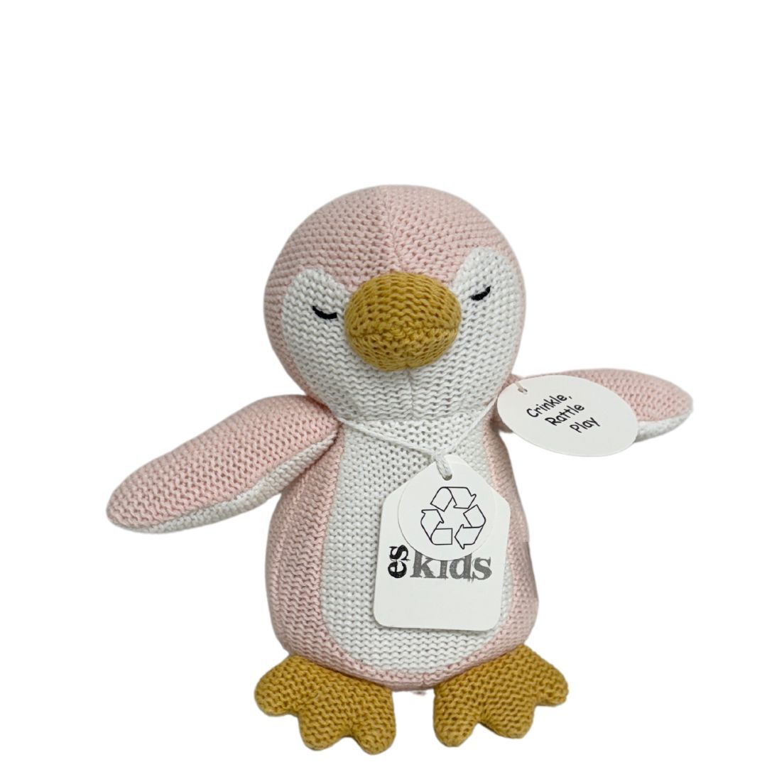 Knitted Penguin Rattle/Crinkler - Pink - 16cm