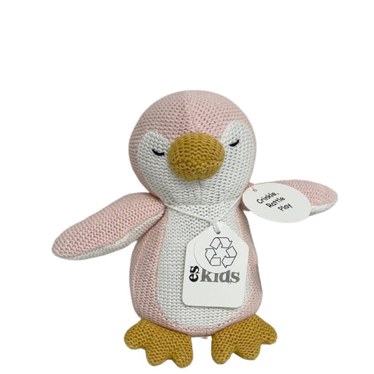 Knitted Penguin Rattle/Crinkler - Pink - 16cm