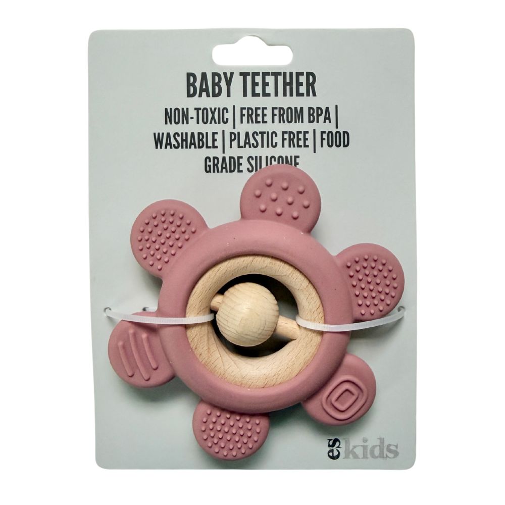 Teether Rattle Silicone Flower Pink