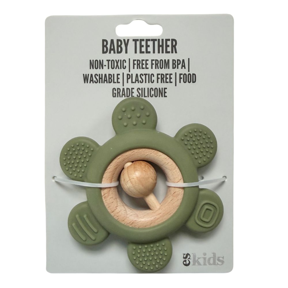 Teether Rattle Silicone Flower Olive